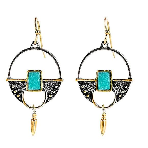 Turquoise Stone Boho Dangle Earrings - Picture 3 of 6